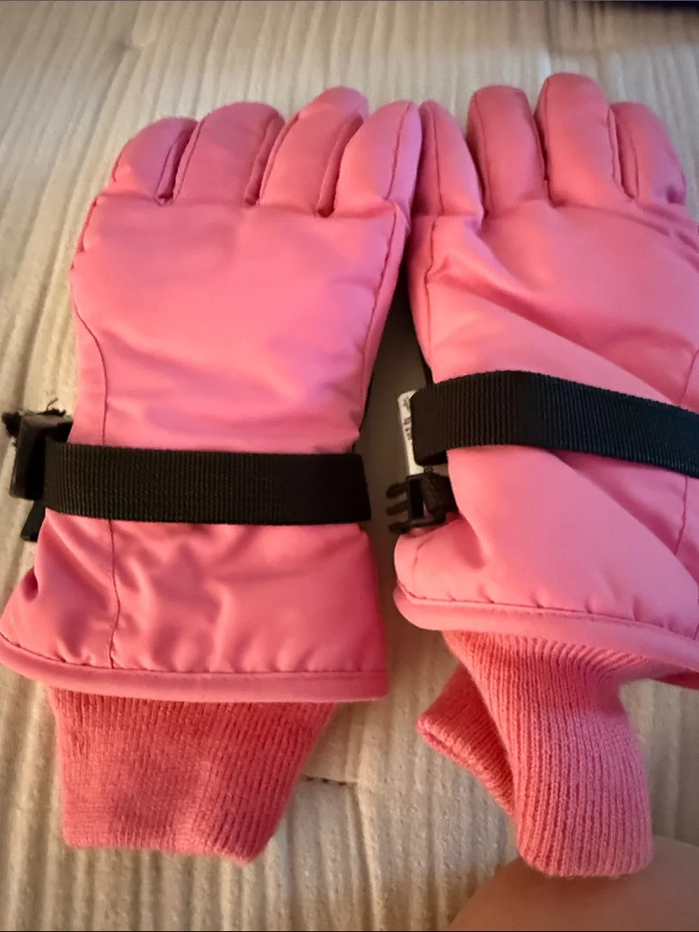 Kids Pink Winter Mittens - Insulated, Grip Palm small rip in strap.